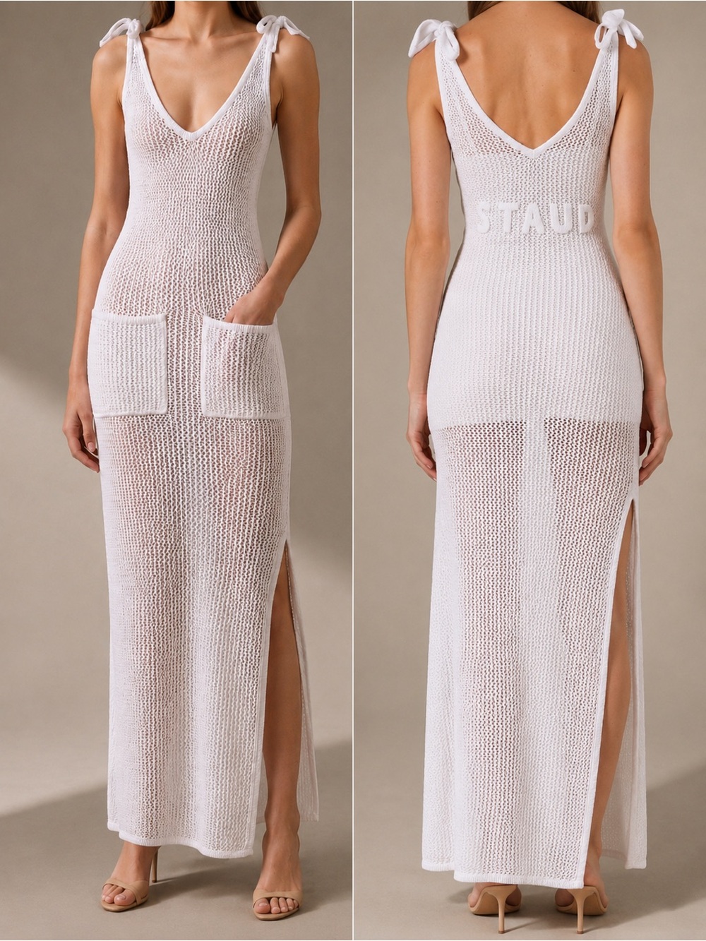 STAUD White Crochet Maxi Dress with Side Slit + back logo